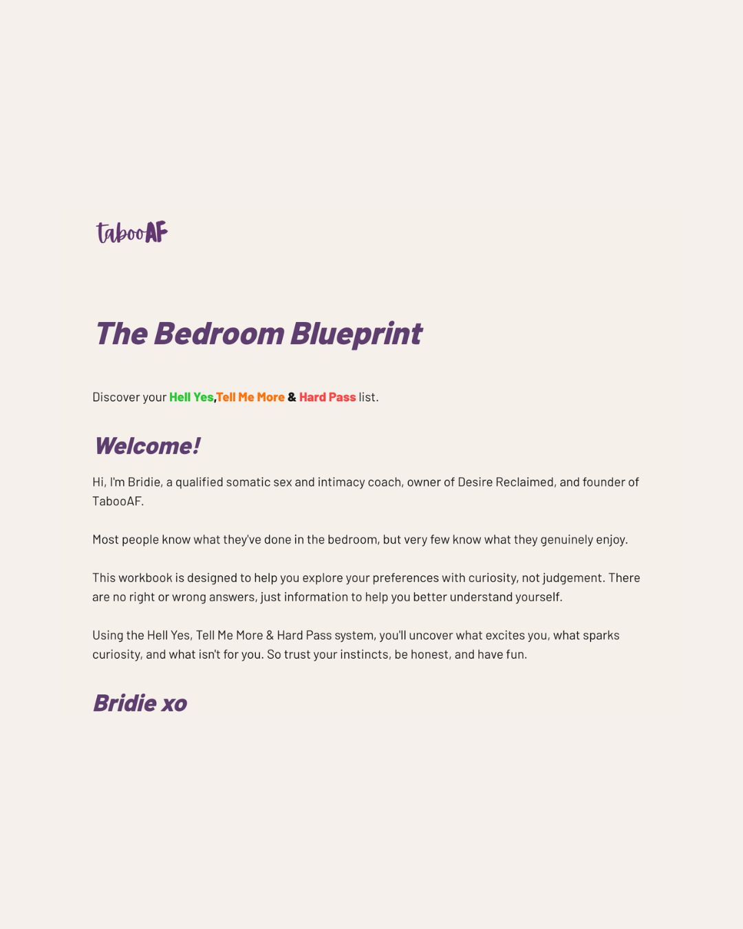 Cover of 'The Bedroom Blueprint' by TabooAF with introductory text on a white background.