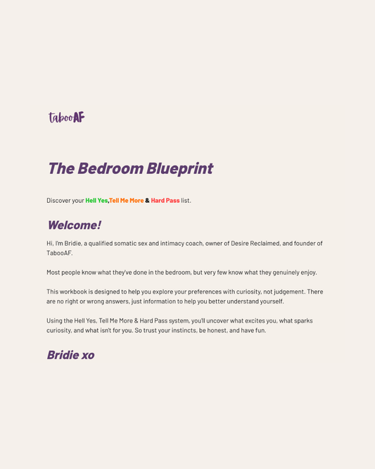 Cover of 'The Bedroom Blueprint' by TabooAF with introductory text on a white background.